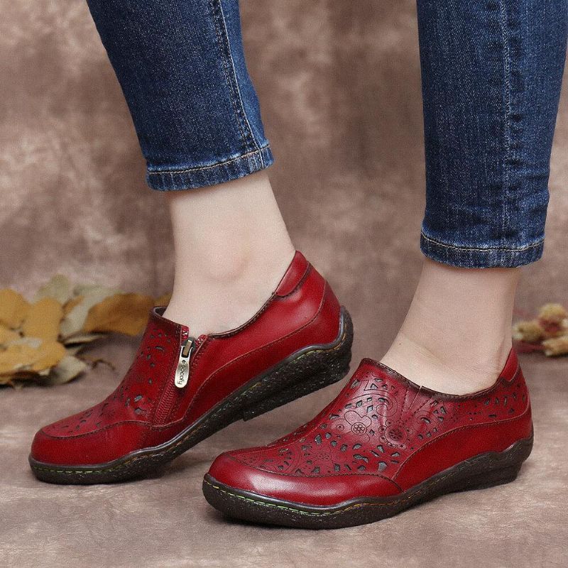 Leather Floral Cutouts Side Glidelås Slip On Loafers Sklisikker Flate Sko