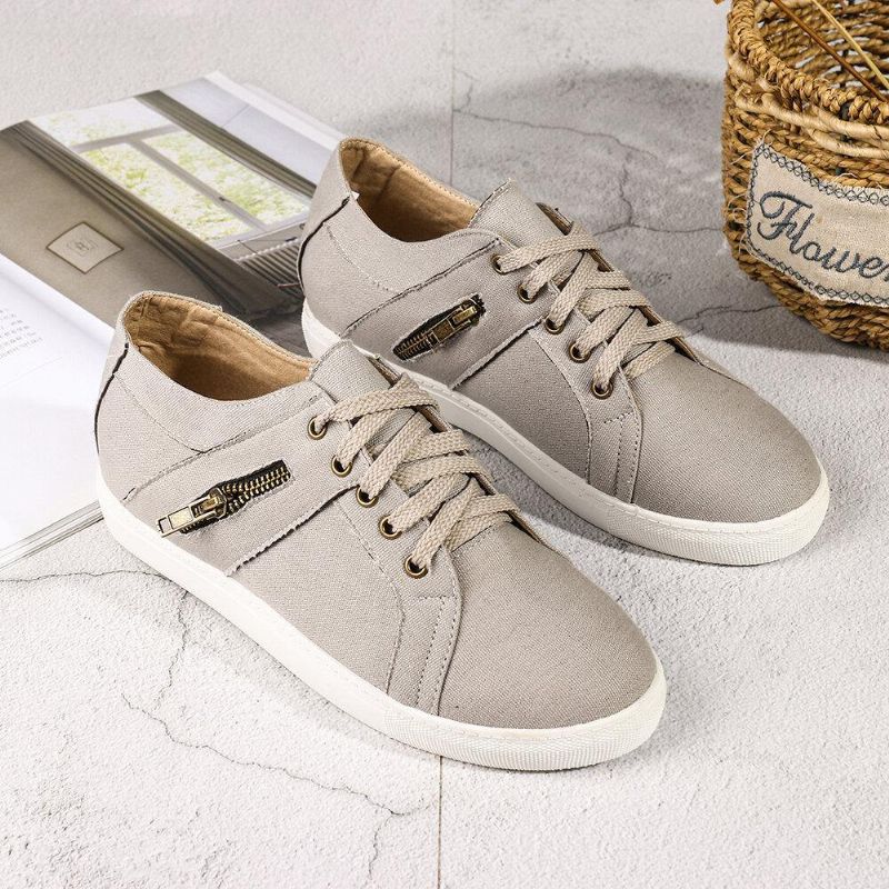 Plus Size Kvinner Retro Glidelås Dekor Canvas Lace Up Flat Casual Sko