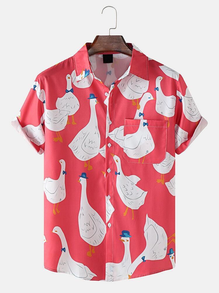 Funny Duck Print Fritidsskjorter For Menn