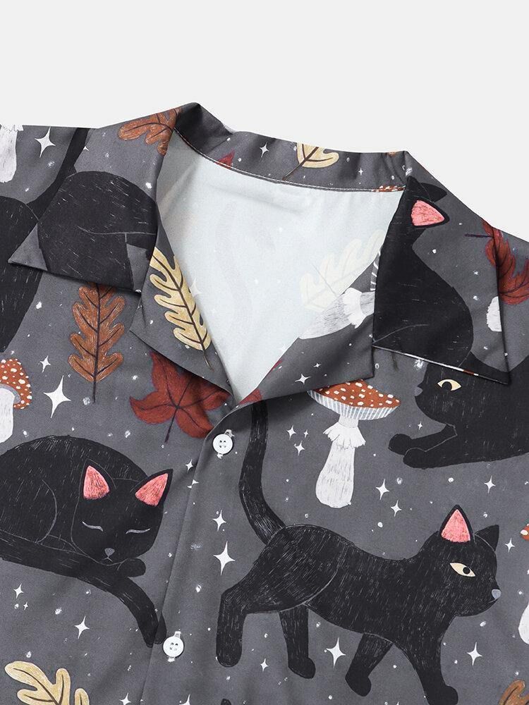 Street Cat & Mushroom Print Revere Collar skjorter for menn