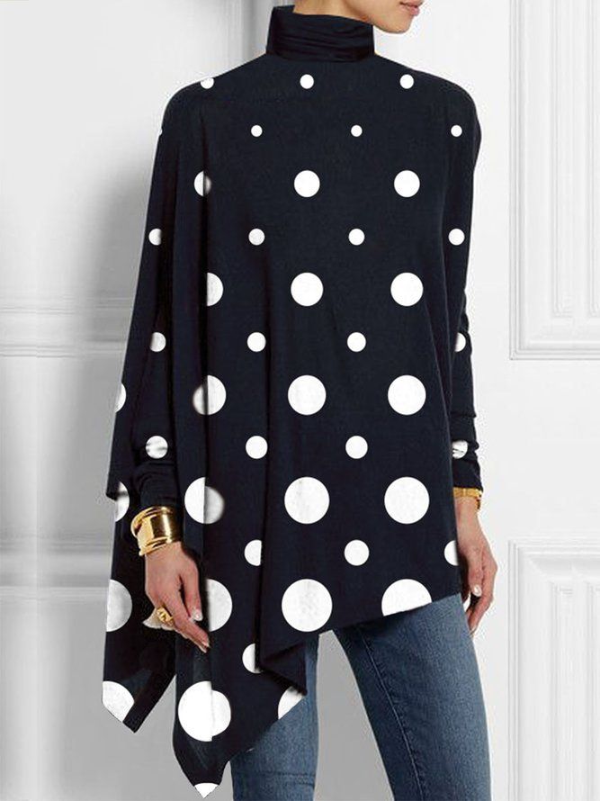 Langermet Polka Dots Enkel T-Skjorte Med Turtleneck