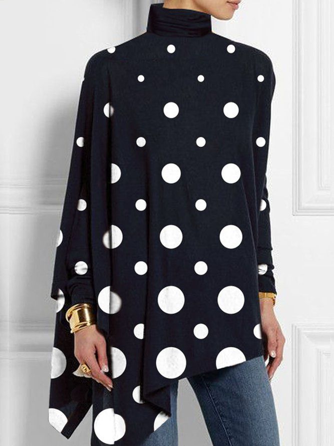 Langermet Polka Dots Enkel T-Skjorte Med Turtleneck