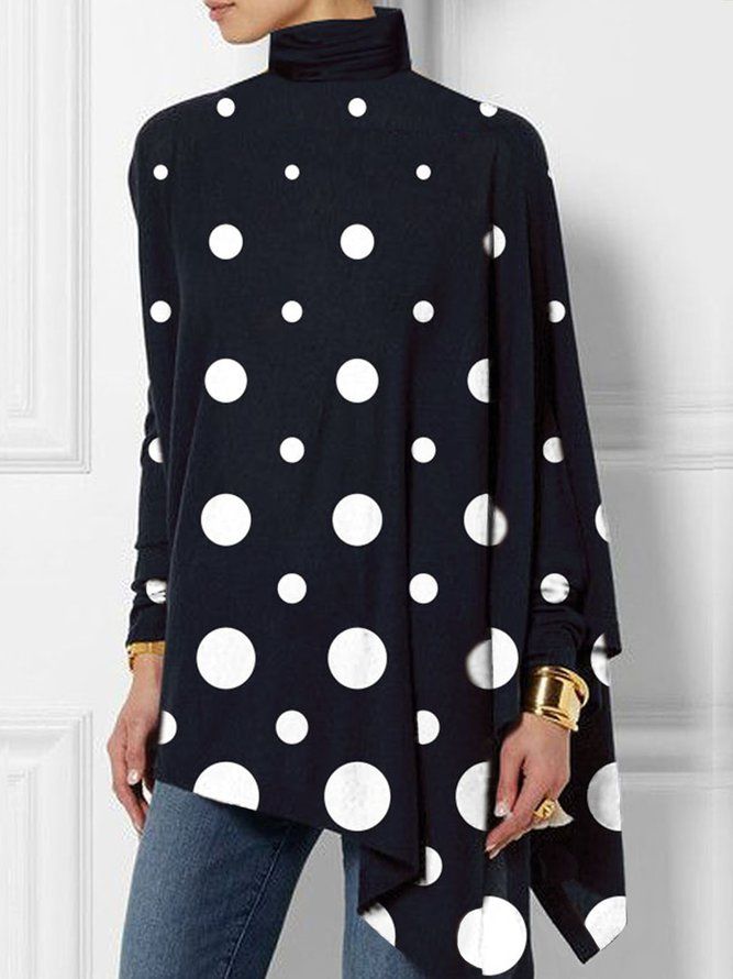 Langermet Polka Dots Enkel T-Skjorte Med Turtleneck