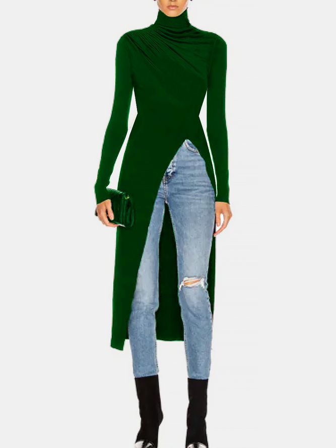 Tight High Elastisity Turtleneck Vanlig Langermet Tynn Splittdesign Topper