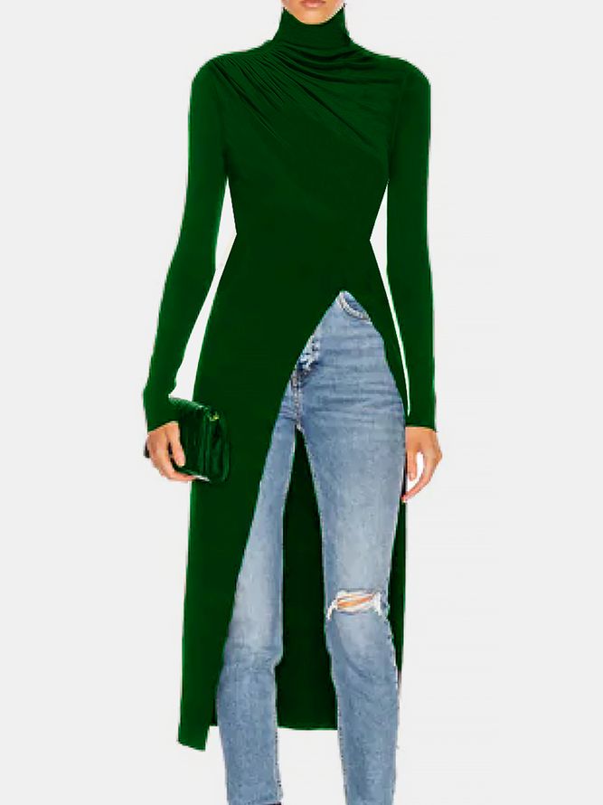 Tight High Elastisity Turtleneck Vanlig Langermet Tynn Splittdesign Topper