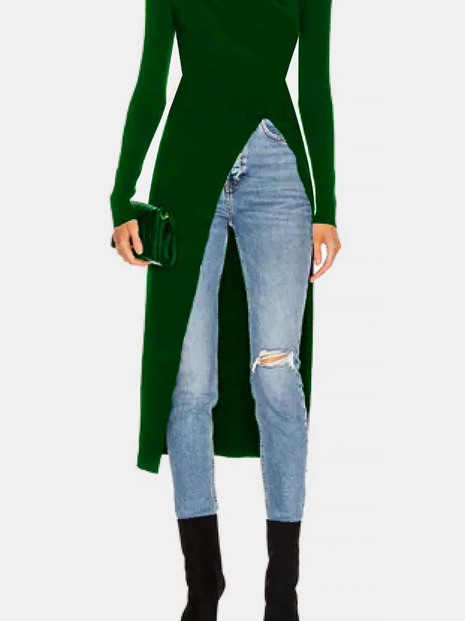 Tight High Elastisity Turtleneck Vanlig Langermet Tynn Splittdesign Topper