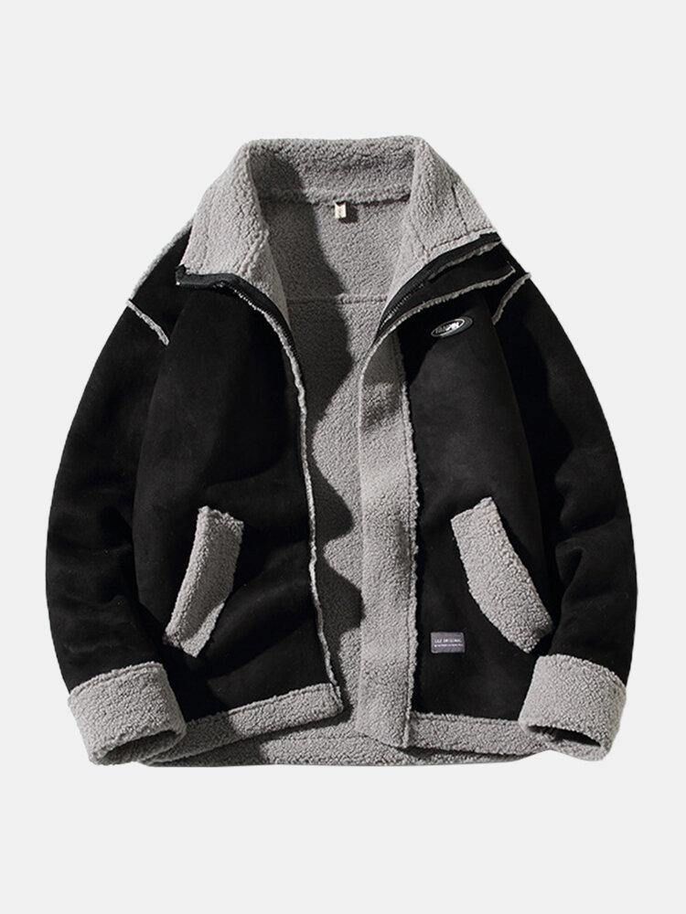 Menns Drop Shoulder Solid Farge Shearling-Fôret Tykk Fritidsjakke