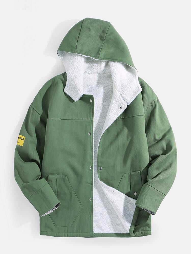 Menns Solid Color Drop Shoulder Sherpa-Fôret Casual Hettejakke Med Lomme