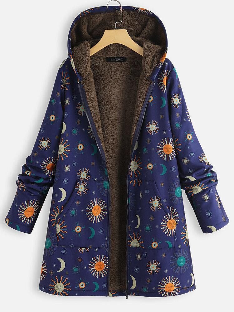 Casual Solor System Print Lommer Langermet Plus Fleece Coats