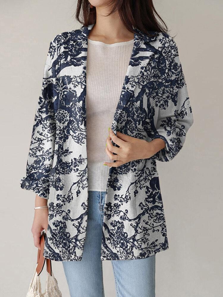 Kvinner Løs Lapel Full Sleeve Floral Casual Sidelommer Coat