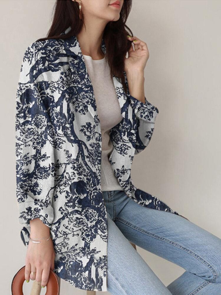 Kvinner Løs Lapel Full Sleeve Floral Casual Sidelommer Coat