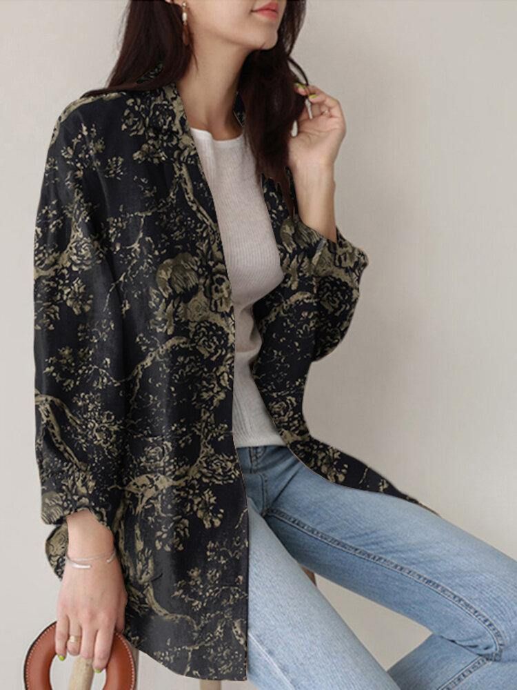 Kvinner Løs Lapel Full Sleeve Floral Casual Sidelommer Coat