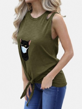 Cartoon Cat Trykt Ermeløse Kvinner Casual Tank Tops