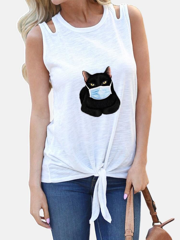 Cartoon Cat Trykt Ermeløse Kvinner Casual Tank Tops