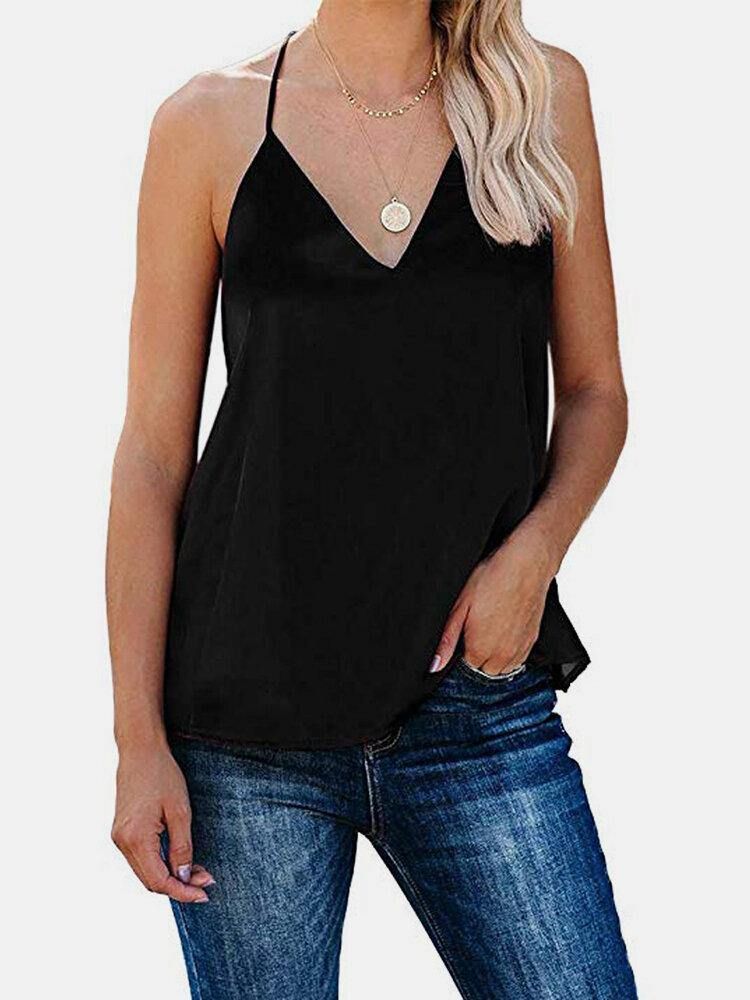 Ensfarget V-Hals Ermeløse Stropper Silke Tank Tops