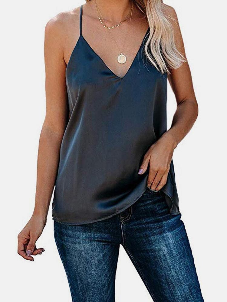 Ensfarget V-Hals Ermeløse Stropper Silke Tank Tops