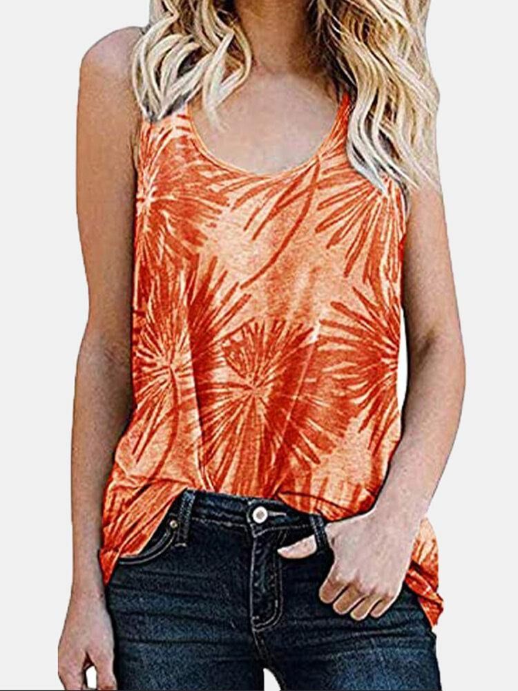 Kvinner Plant Print Ermeløs Rundhals Holiday Casual Tank Top