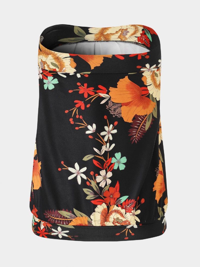 Random Floral Print Stroppeløs Ermeløs Plissert Cami