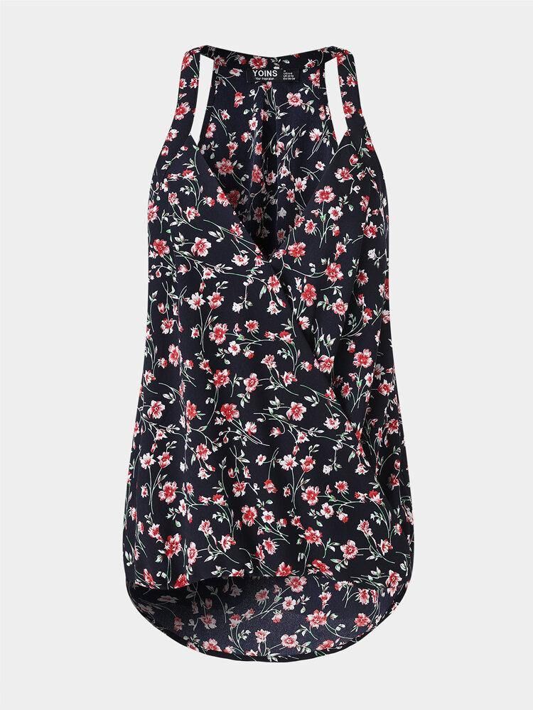 Sort Floral Print Halter V-Hals Ermeløs Tank Top