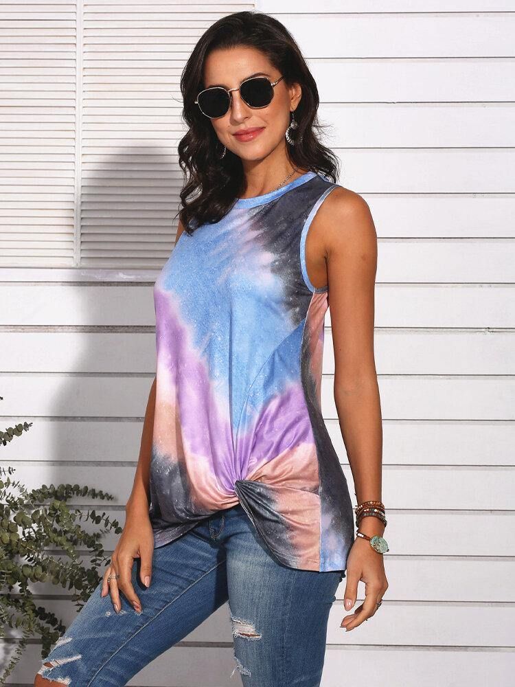 Tie-Dye Gradient Print Ermeløs O-Hals Casual Tank Tops For Dame