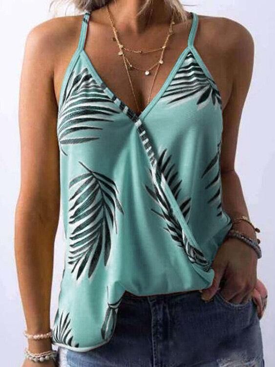 Tropical Plant Print V-Hals Ermeløse Summer Hawaii Tank Tops