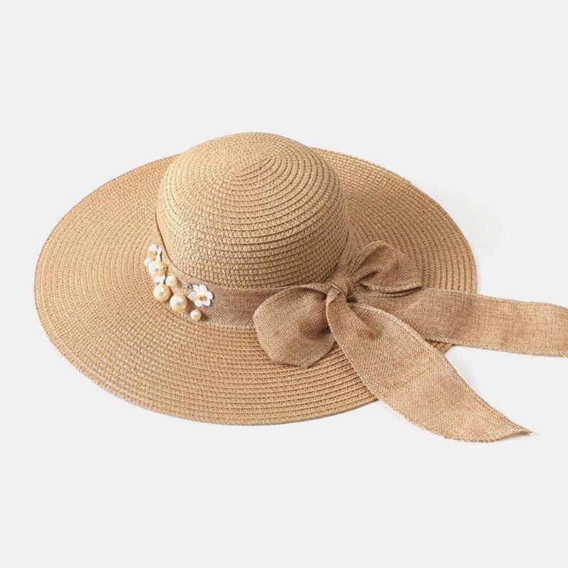 Dame Halm Ensfarge Elegant Big Rim Pearl Bowknot Bølget Kant Visir Solhatt Strandhatt Bøttehatt