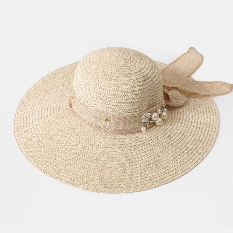 Dame Halm Ensfarge Elegant Big Rim Pearl Bowknot Bølget Kant Visir Solhatt Strandhatt Bøttehatt