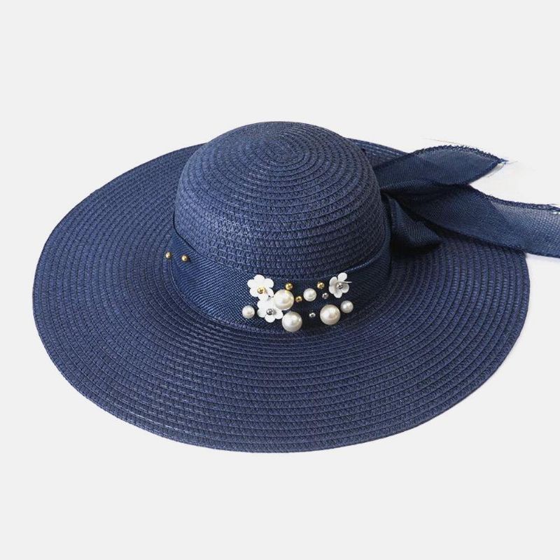 Dame Halm Ensfarge Elegant Big Rim Pearl Bowknot Bølget Kant Visir Solhatt Strandhatt Bøttehatt