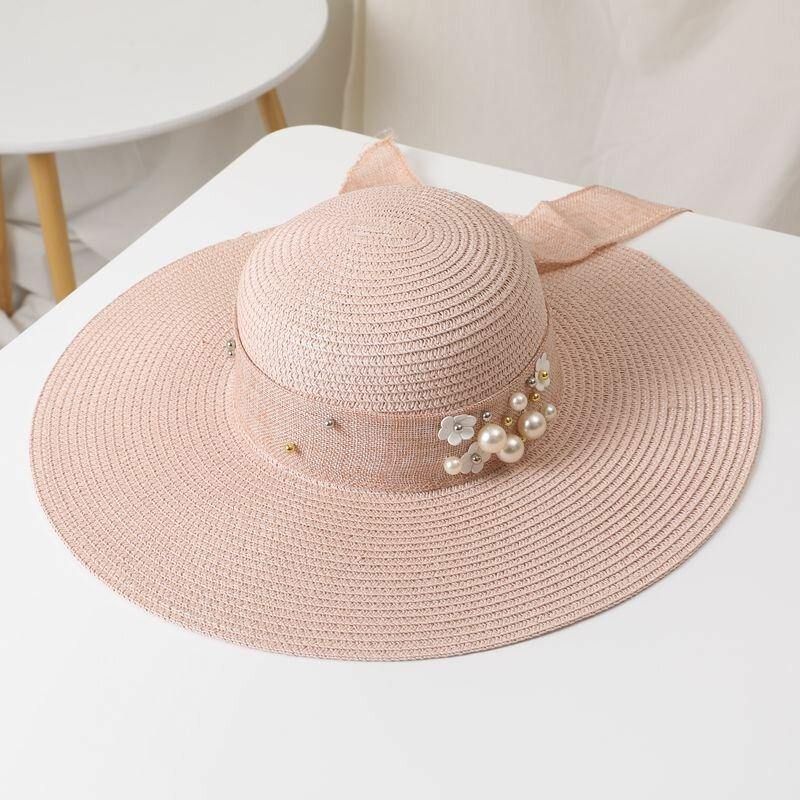 Dame Halm Ensfarge Elegant Big Rim Pearl Bowknot Bølget Kant Visir Solhatt Strandhatt Bøttehatt