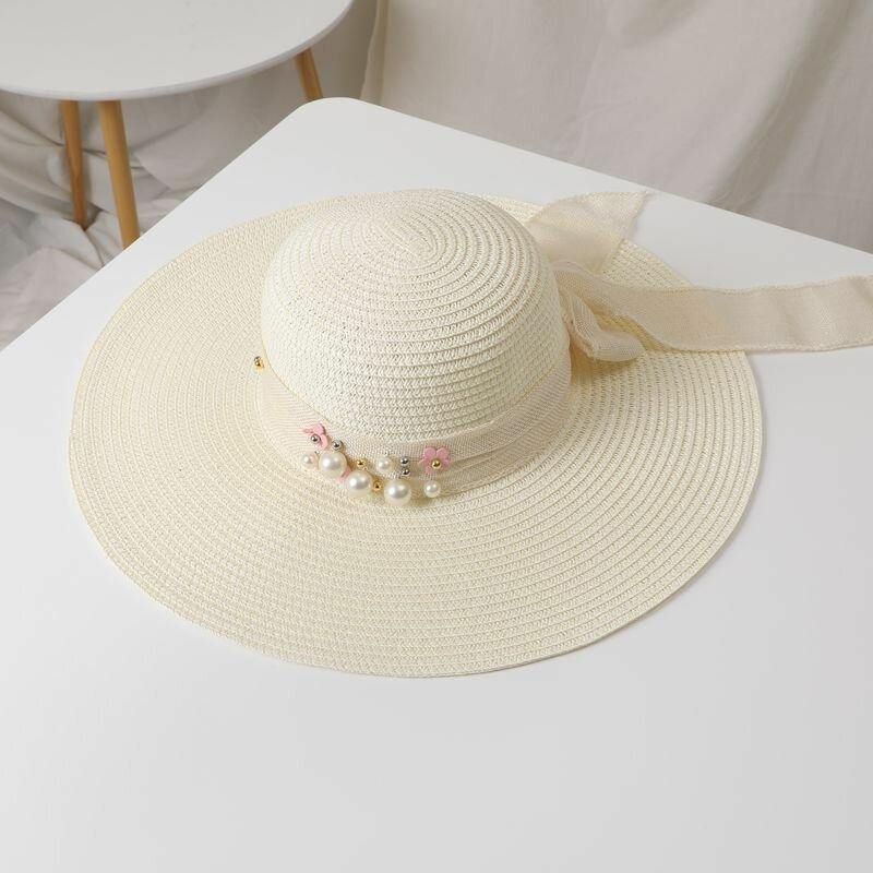 Dame Halm Ensfarge Elegant Big Rim Pearl Bowknot Bølget Kant Visir Solhatt Strandhatt Bøttehatt