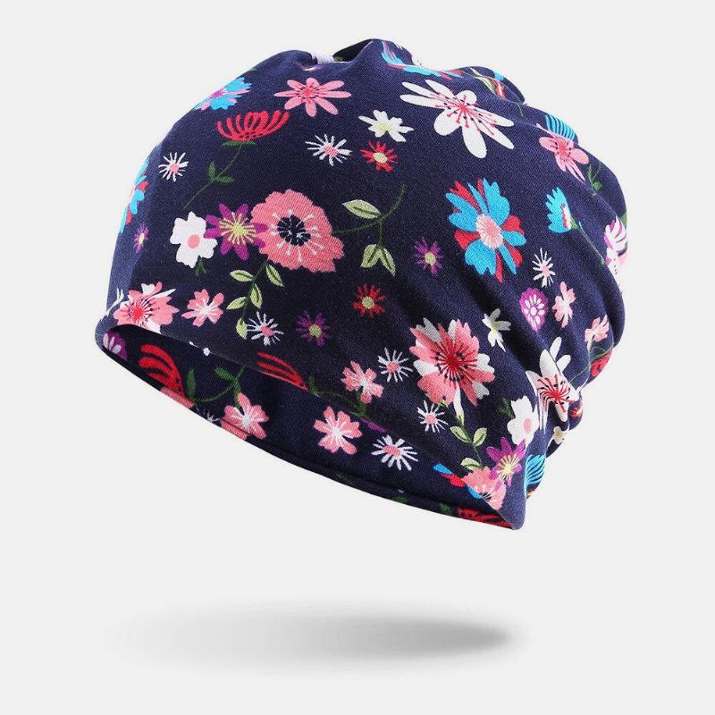 Kvinner Bomullsfarget Blomsterutskriftsmønster Uformell Utendørs Dobbel Bruks Nakkebeskyttelse Brimless Beanie