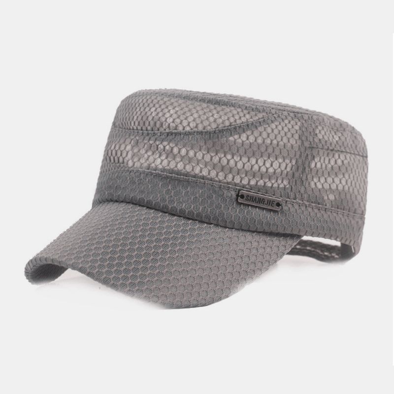 Menn Justerbar Mesh Pustende Solid Farge Militær Cap Flat Cap Med Letter Metal Label