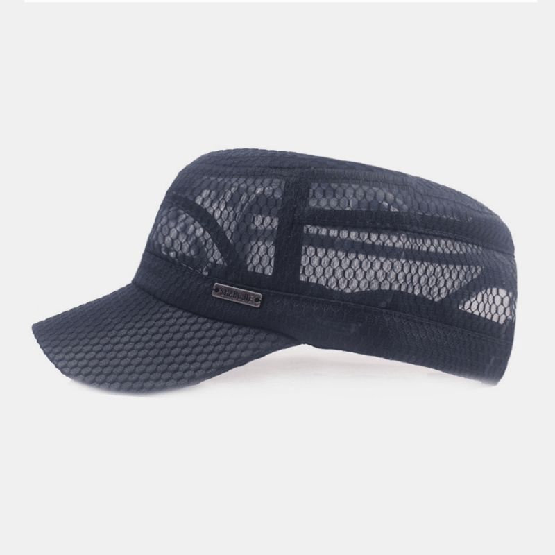 Menn Justerbar Mesh Pustende Solid Farge Militær Cap Flat Cap Med Letter Metal Label