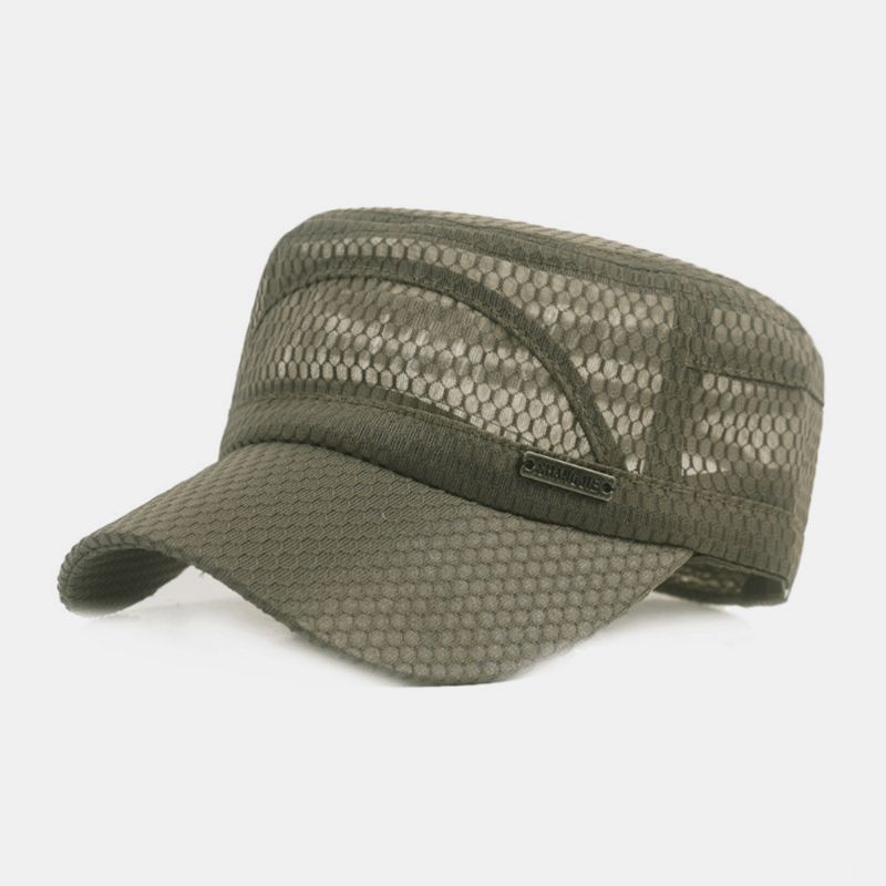 Menn Justerbar Mesh Pustende Solid Farge Militær Cap Flat Cap Med Letter Metal Label