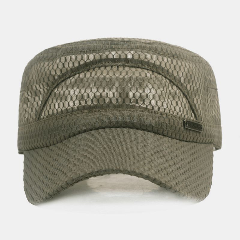 Menn Justerbar Mesh Pustende Solid Farge Militær Cap Flat Cap Med Letter Metal Label