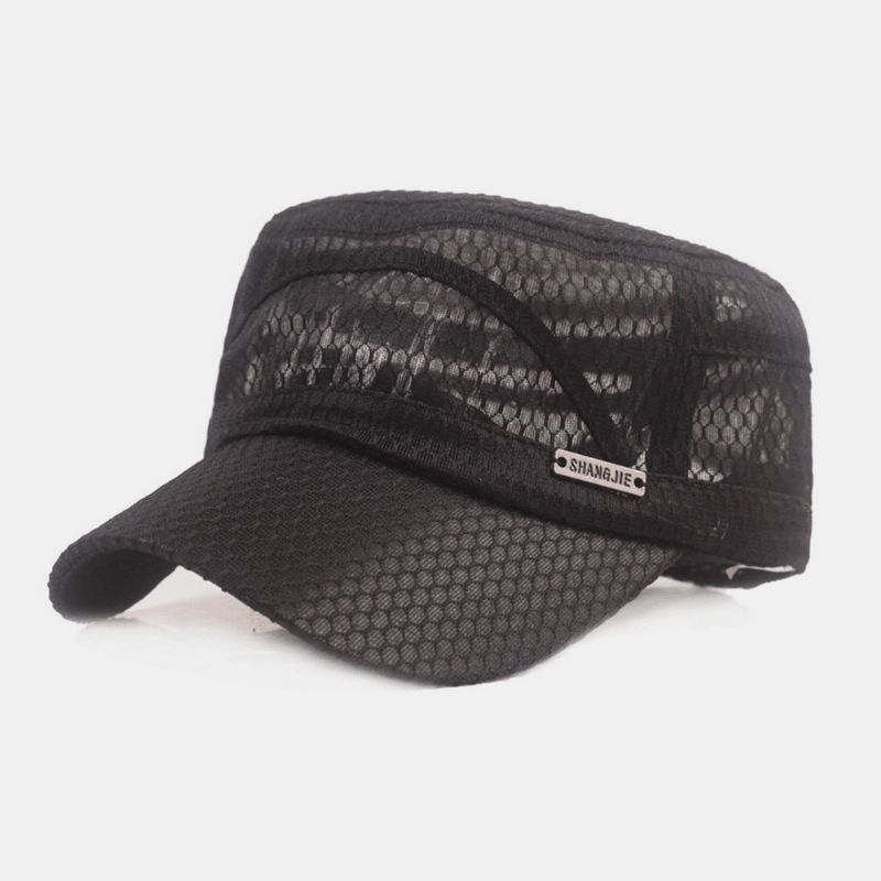 Menn Justerbar Mesh Pustende Solid Farge Militær Cap Flat Cap Med Letter Metal Label