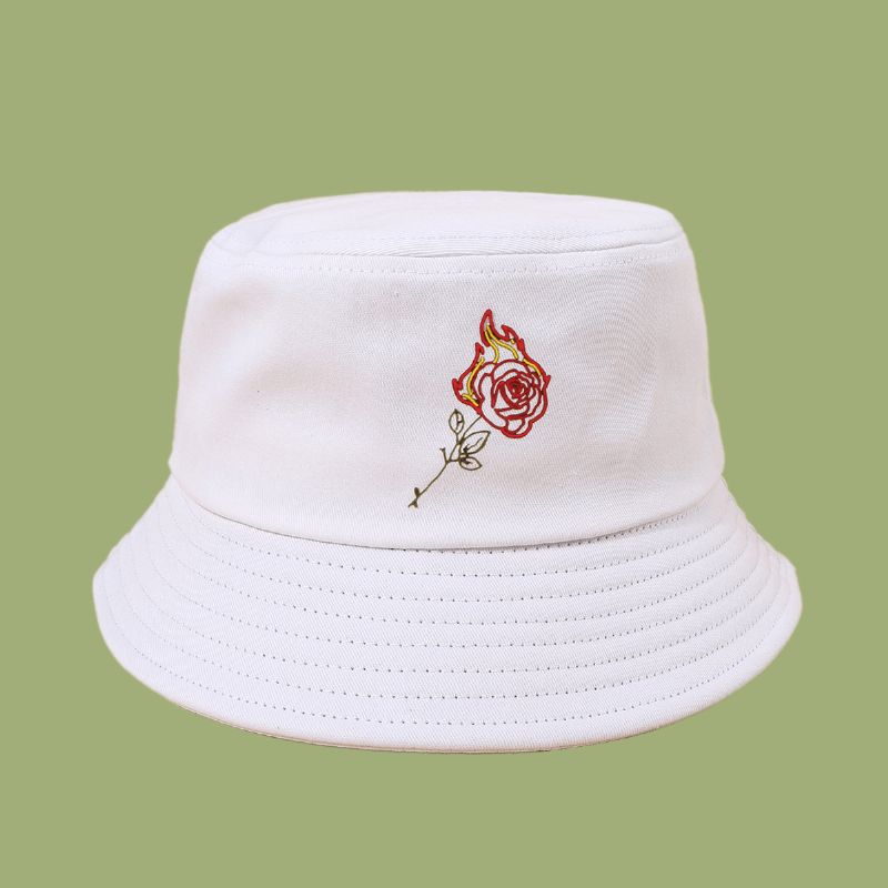 Unisex Flame Rose Broderi Solhatt Bomull Enkel Solkrem Bøttehatt