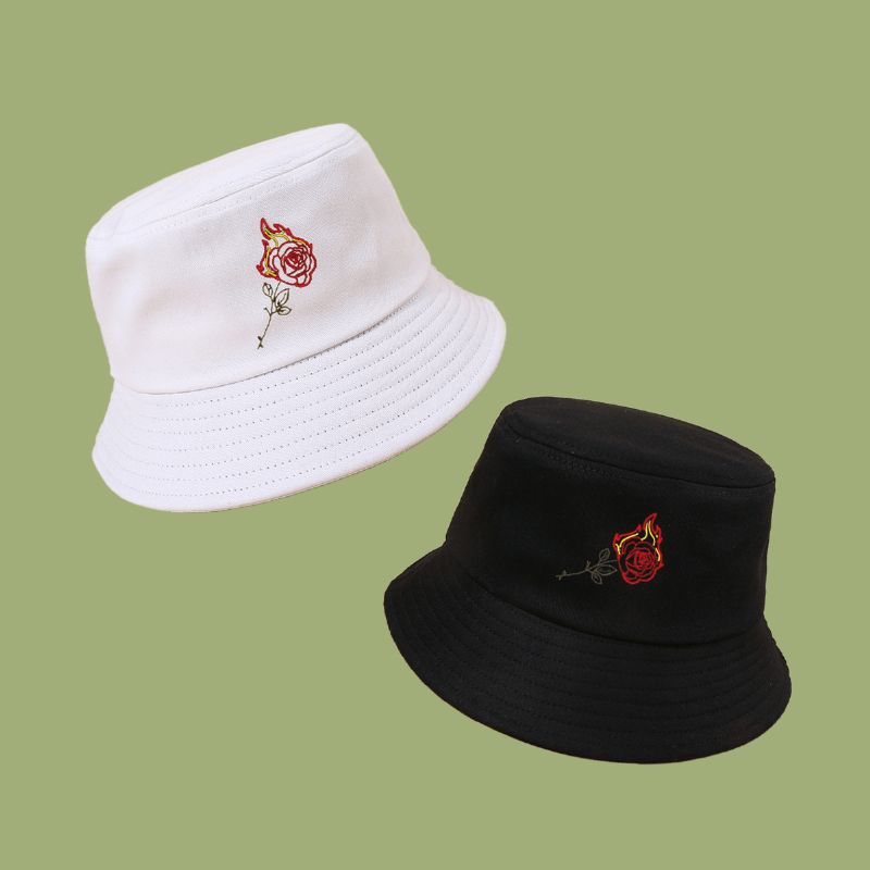 Unisex Flame Rose Broderi Solhatt Bomull Enkel Solkrem Bøttehatt