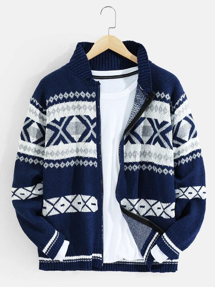 Menns Tribal Mønster Strikket Baseball Krage Vintage Genser Cardigans