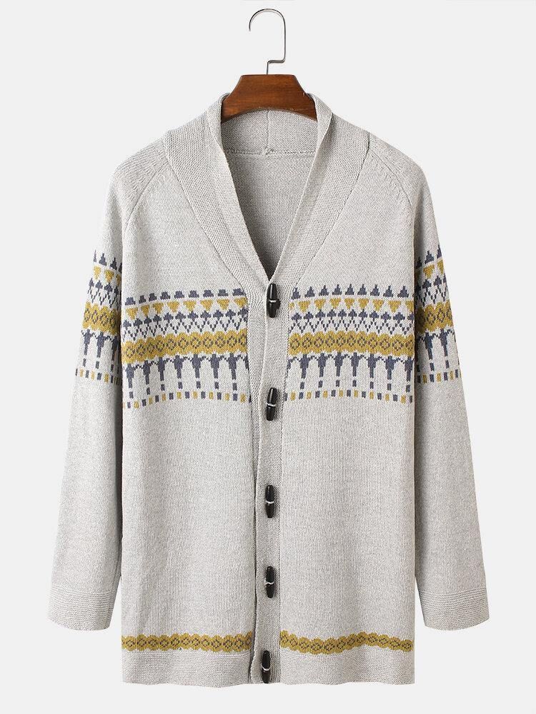 Menns Vintage Mønster Strikkeknapp Foran Uformelle Cardigans Med Raglanarm