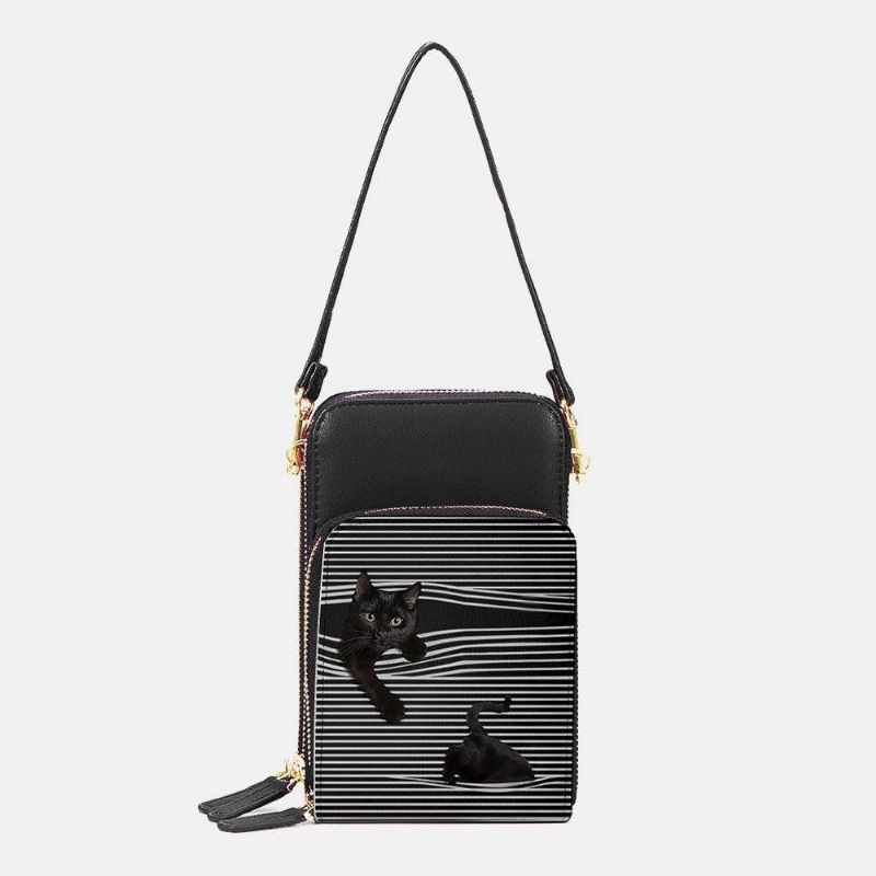 Dame Imitert Skinn Uformell Søt Svart Katt Og Stripemønster Justerbar Skulderveske Crossbody-Veske