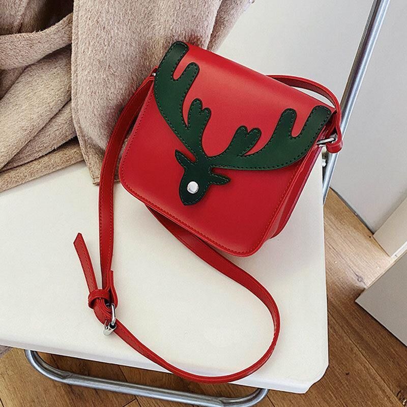 Kvinner Faux Leather Contrast Color Christmas Elg Mønster Liten Firkantet Bag Crossbody Bag Skulderveske