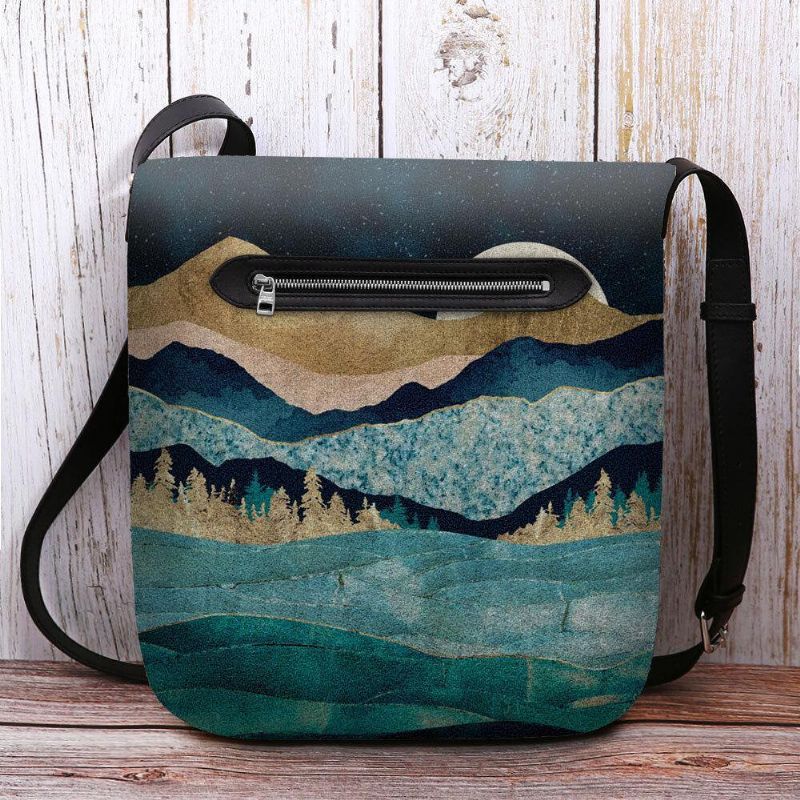 Kvinner Filt Mountain Treetop Landscape Print Bag Crossbody Bag Skulderveske