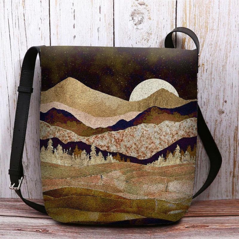 Kvinner Filt Mountain Treetop Landscape Print Bag Crossbody Bag Skulderveske