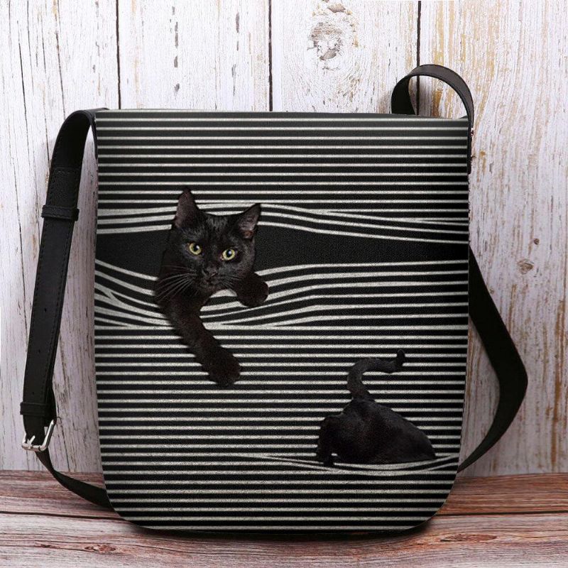 Kvinner Filt Stripemønster Tredimensjonal Herreional Vision Cat Print Skulderveske Crossbody Veske