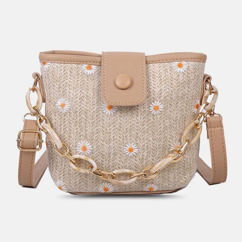 Kvinner Halm Lace Daisy Solsikkemønster Print Kjeder Hasp Crossbody Bag Skulderveske Håndveske