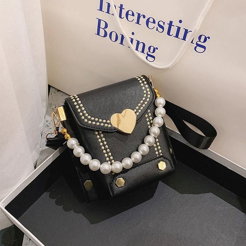 Kvinner Pu-Skinn Hjerteformet Hasp Pearl Chain Håndveske Skulderveske Crossbody-Vesker