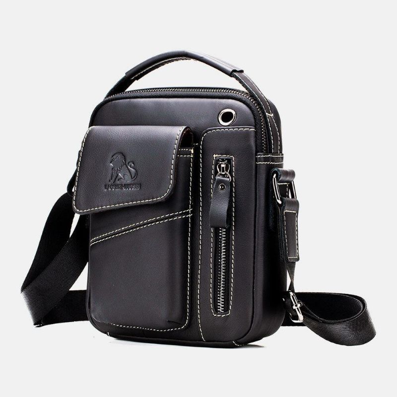 Menn Ekte Lær Slitasjebestandig Hodetelefonhull Multi-Lomme Vintage Crossbody Bag Skulderveske