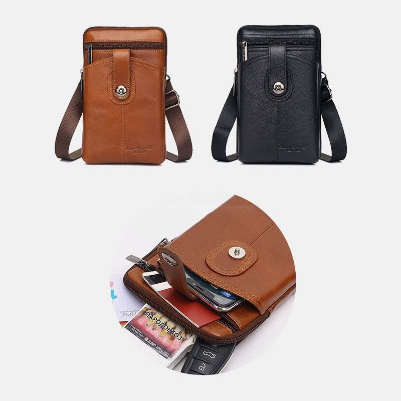 Menn Ekte Lær Vintage Multifunksjonell 6.5 Tommers Glidelås Hasp Telefonveske Crossbody Bag Midjeveske